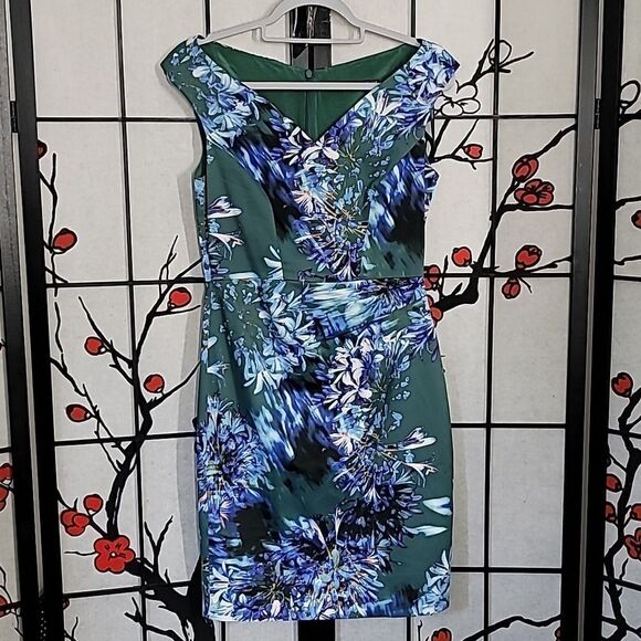 Karen Millen Womens Back Zip V Neck Floral Sheath Dress Green Blue Size 8 - Picture 1 of 11